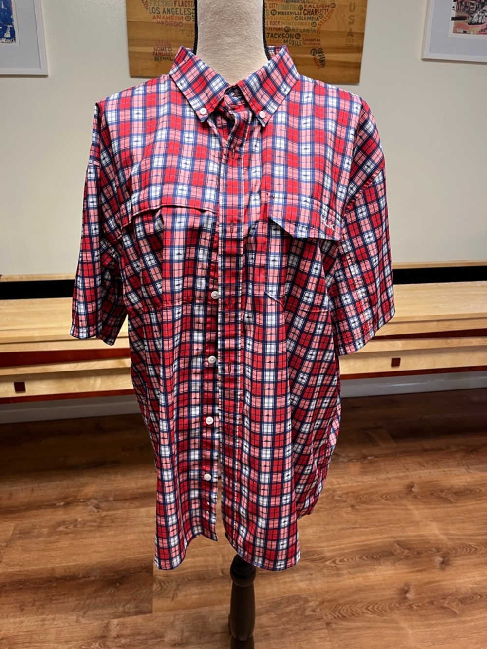Huk Red and Blue Plaid Short-Sleeve Button-Down Shirt